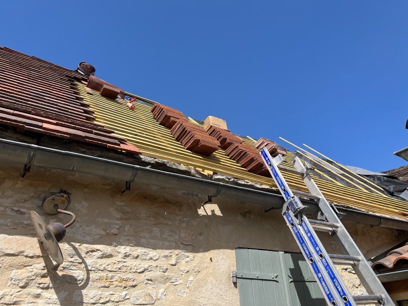Recherche de fuite sur une toiture ancienne envahie de mousse